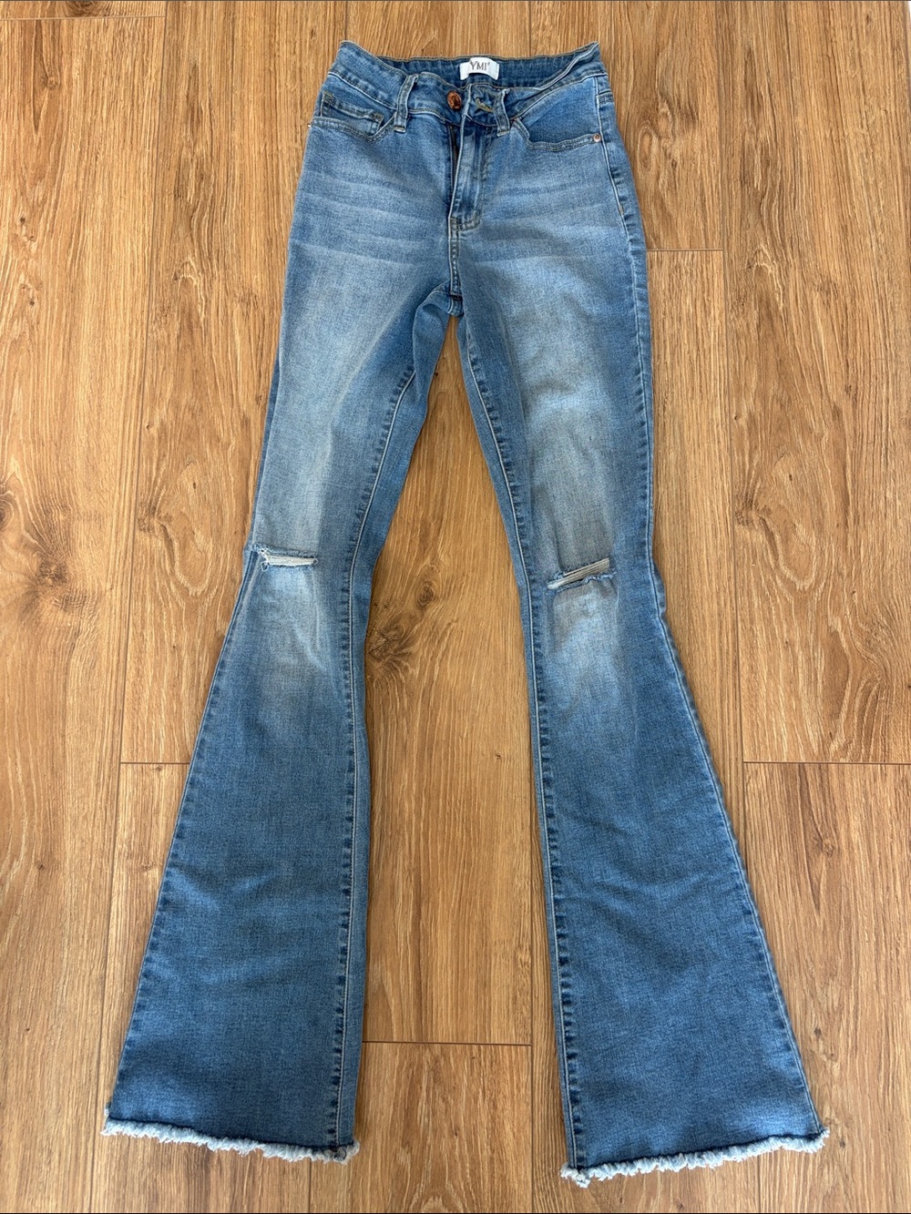 YMI Light Blue Distressed Flare Jeans with Raw Hem